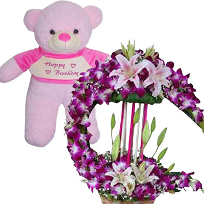 "Pink Teddy with Happy Birthday Msg - BST- 9806, Flower Arrangement - Click here to View more details about this Product